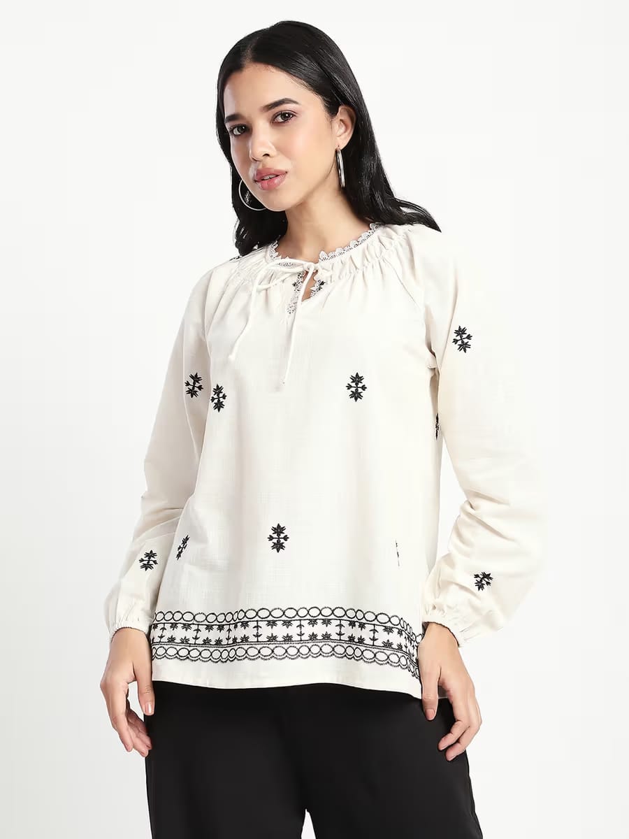 Women's Ivory Embroidered Bohemian Tunic Top with Tie-Up Neck