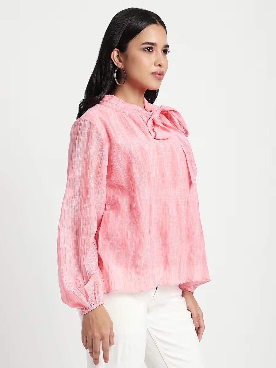 Women's Pink Textured Pussy-Bow Tie-Neck Long Sleeve Blouse