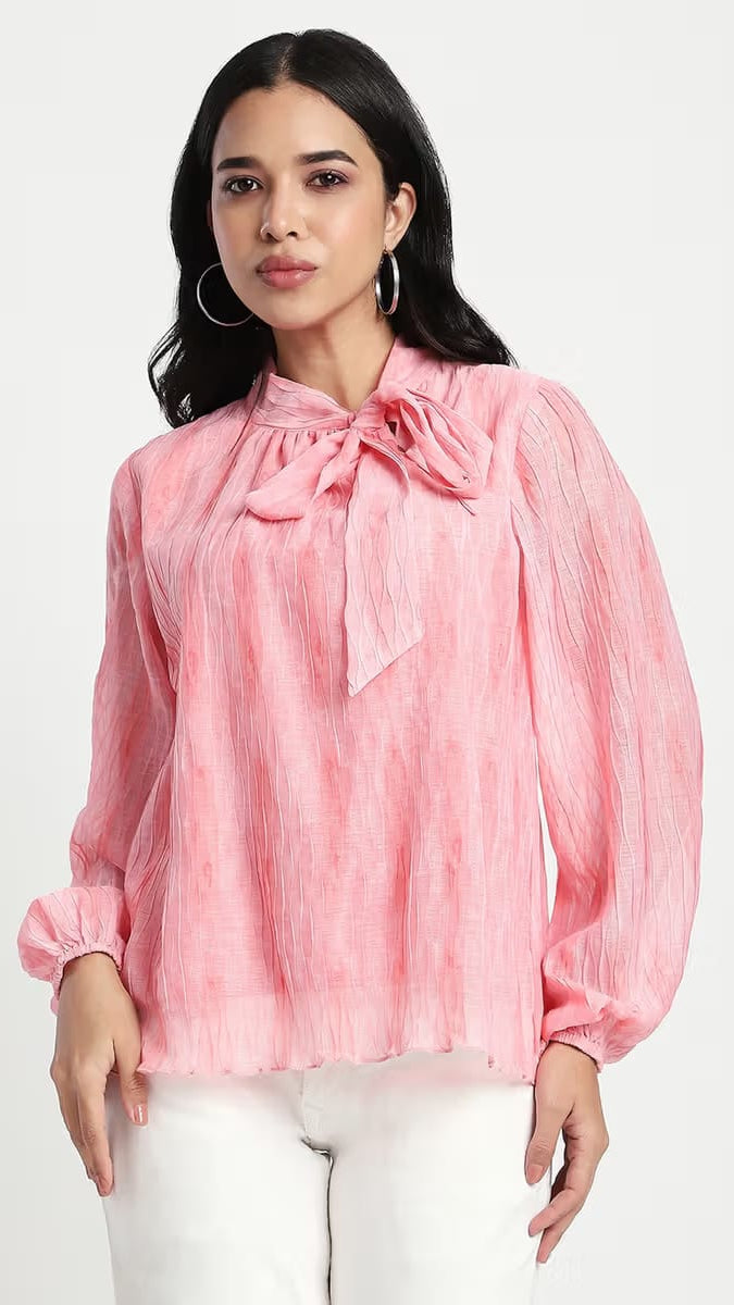 Women's Pink Textured Pussy-Bow Tie-Neck Long Sleeve Blouse
