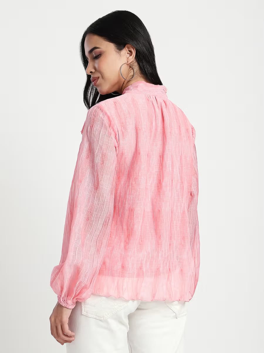 Women's Pink Textured Pussy-Bow Tie-Neck Long Sleeve Blouse