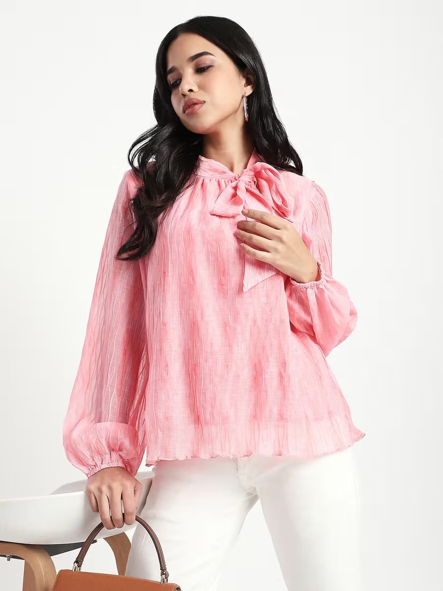 Women's Pink Textured Pussy-Bow Tie-Neck Long Sleeve Blouse