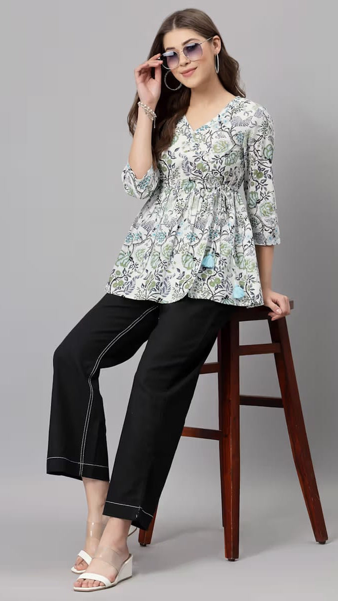 Women White & Sage Green Floral Printed V-Neck Cotton Flared Tunic
