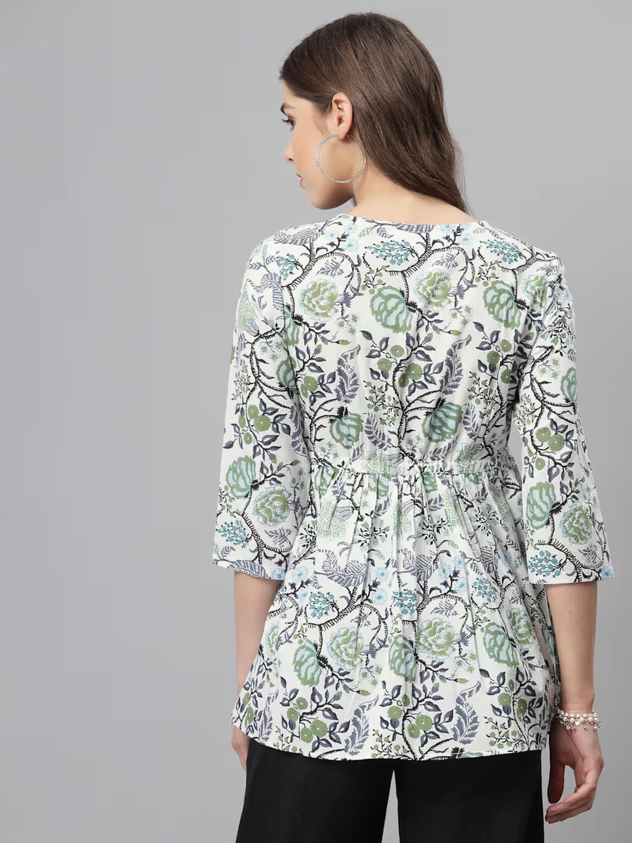 Women White & Sage Green Floral Printed V-Neck Cotton Flared Tunic