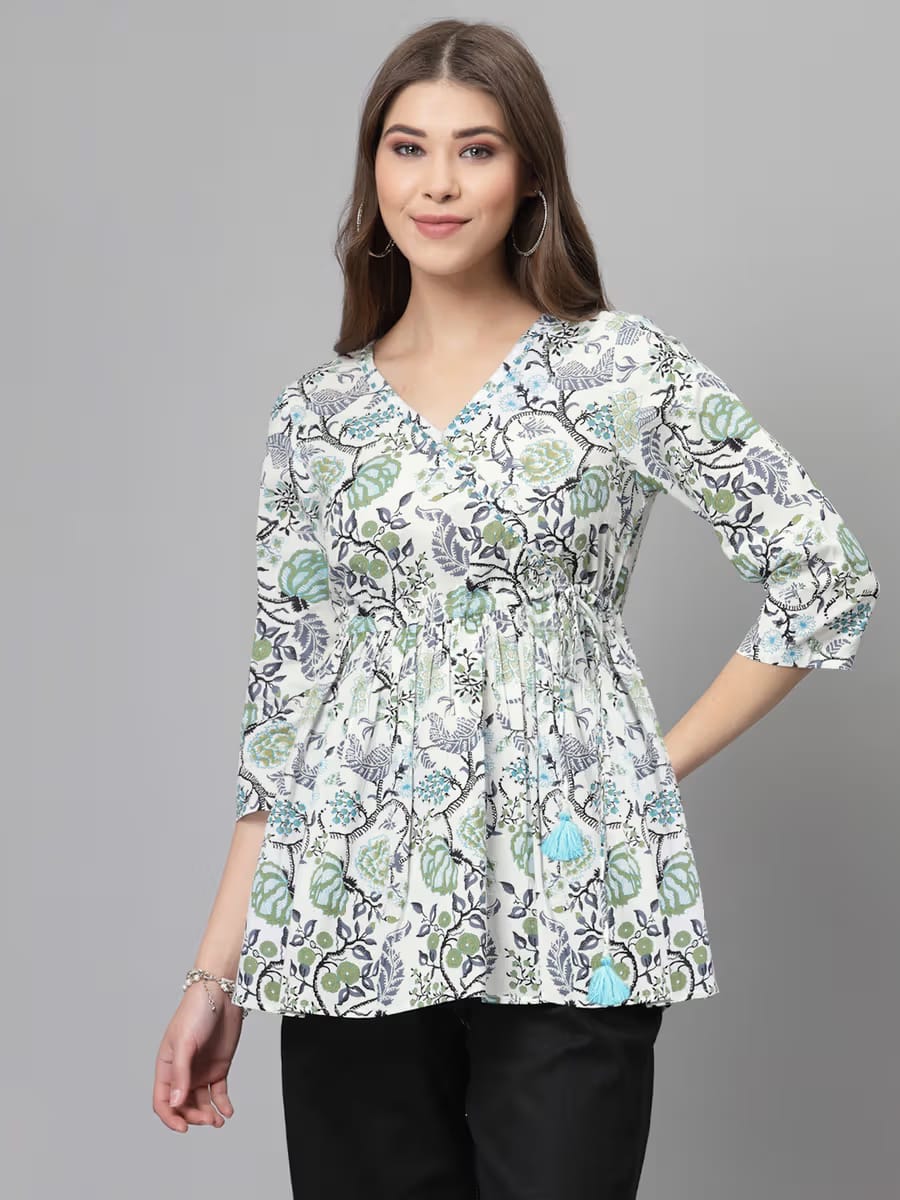 Women White & Sage Green Floral Printed V-Neck Cotton Flared Tunic