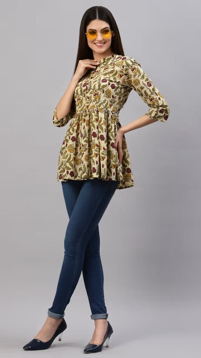Women Beige & Olive Green Kalamkari Floral Printed Mandarin Neck Cotton Tunic Top