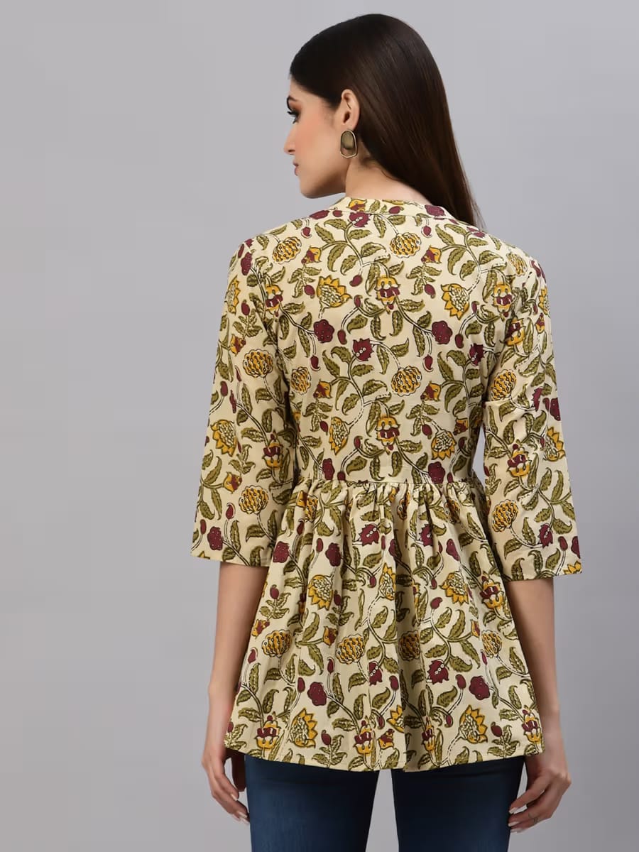Women Beige & Olive Green Kalamkari Floral Printed Mandarin Neck Cotton Tunic Top