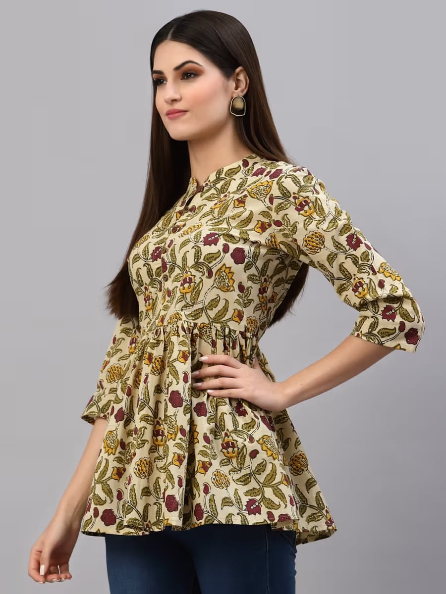 Women Beige & Olive Green Kalamkari Floral Printed Mandarin Neck Cotton Tunic Top