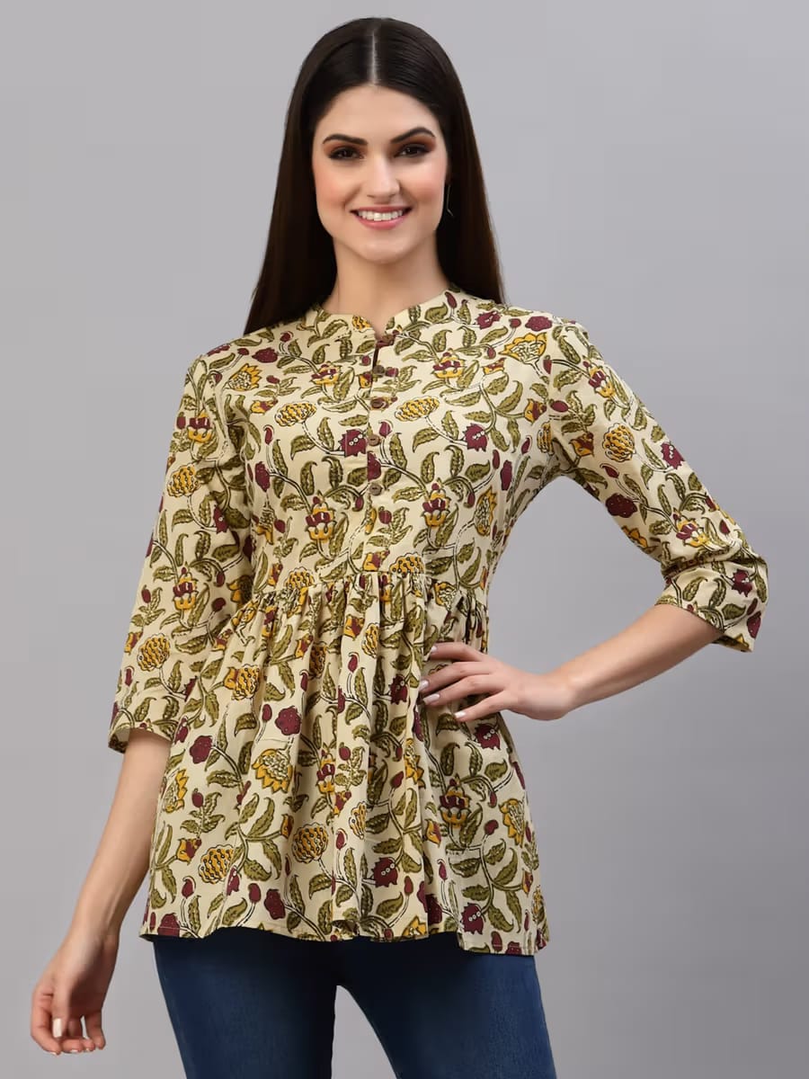 Women Beige & Olive Green Kalamkari Floral Printed Mandarin Neck Cotton Tunic Top