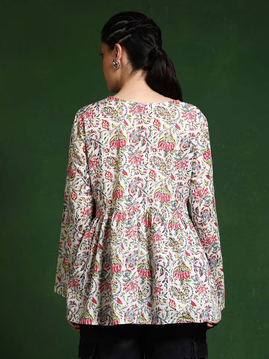 Women Off-White & Pink Floral Printed V-Neck Cotton Flared Tunic Top