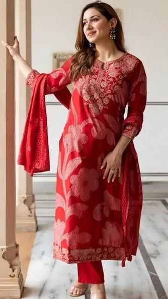 Women Crimson Red Floral Printed & Embroidered Straight Kurta
