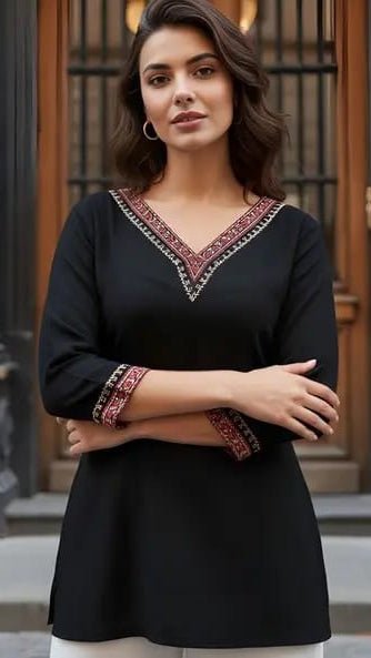 Women Jet Black Ethnic Embroidered V-Neck Rayon Short Tunic Top