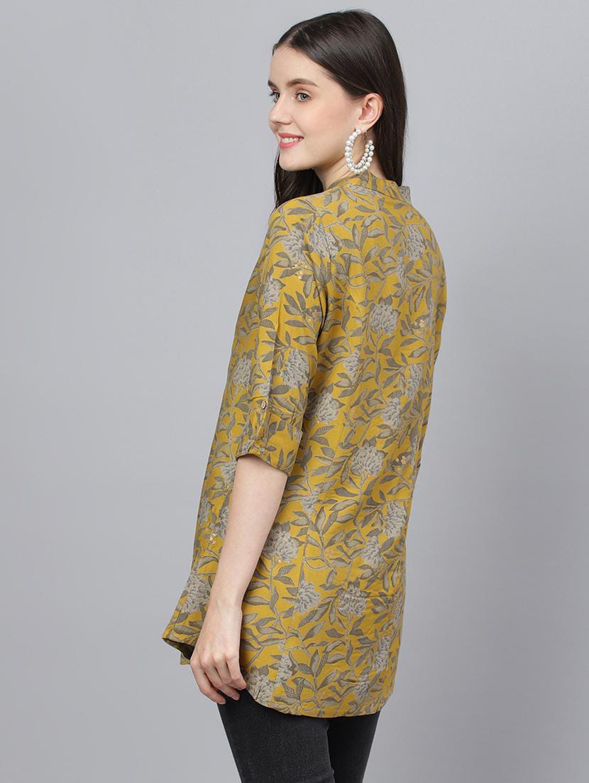 Women Mustard Yellow Botanical Print Mandarin Collar Cotton Shirt Tunic Top