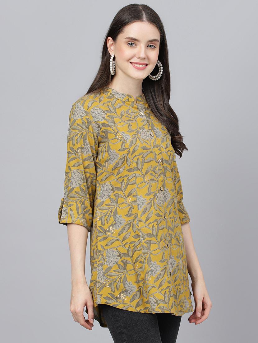 Women Mustard Yellow Botanical Print Mandarin Collar Cotton Shirt Tunic Top