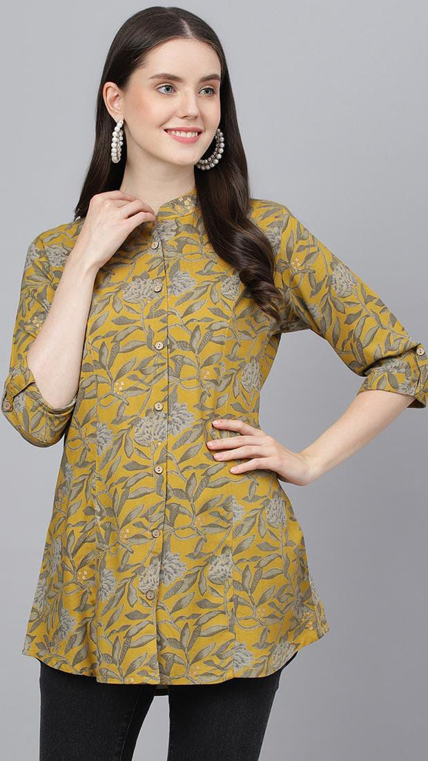 Women Mustard Yellow Botanical Print Mandarin Collar Cotton Shirt Tunic Top