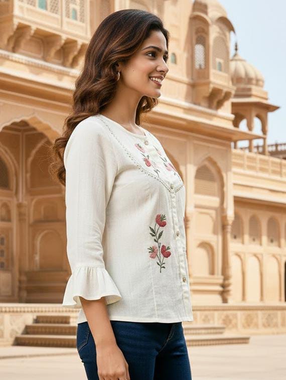 Women Off-White Slub Cotton Floral Embroidered Front Button Tunic Top with Bell Sleeves