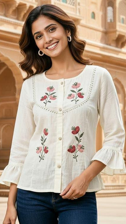 Women Off-White Slub Cotton Floral Embroidered Front Button Tunic Top with Bell Sleeves