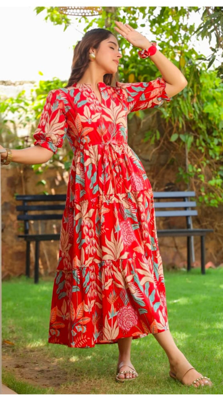 Women Red Tropical Floral Print Tiered Cotton Maxi Dress with Puff Sleeves