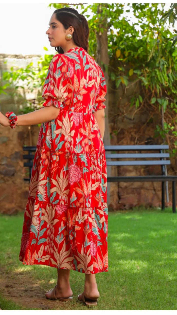 Women Red Tropical Floral Print Tiered Cotton Maxi Dress with Puff Sleeves