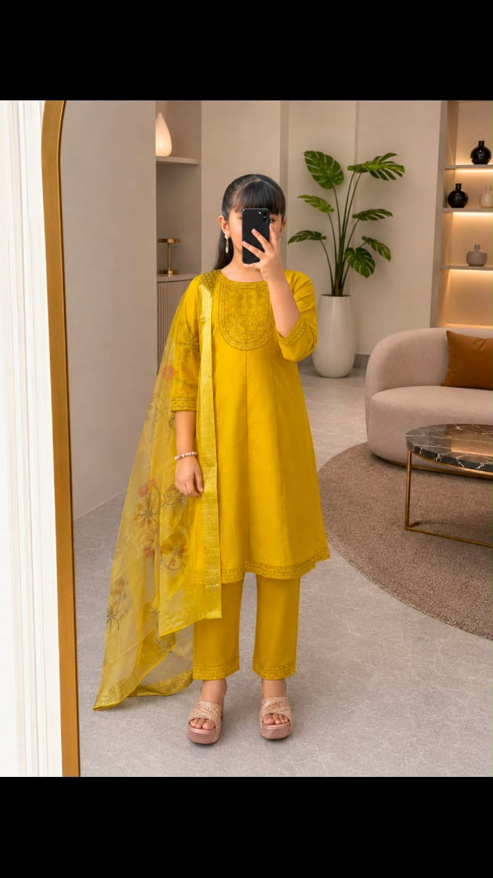 Girls Embroidered Kurta with Straight Pants & Organza Floral Dupatta Set