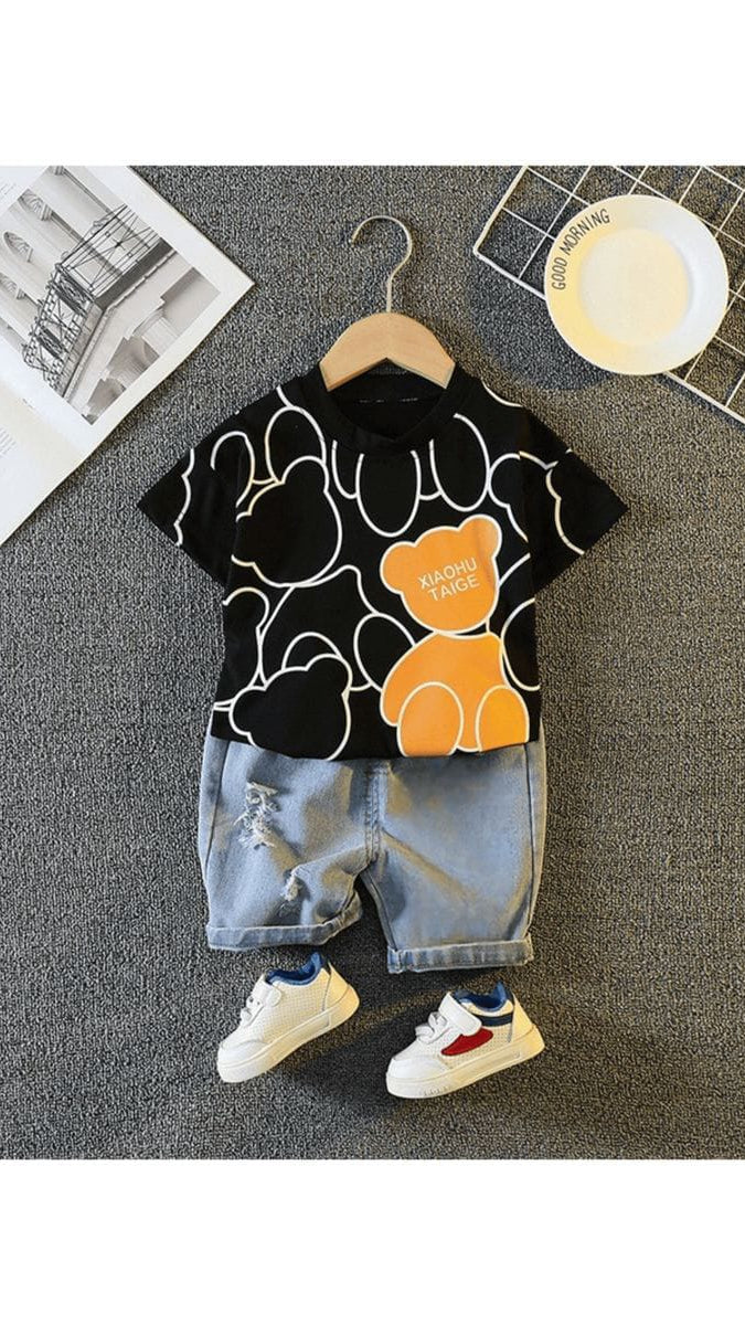 Toddler Boys 2-Piece Summer Outfit Set – Graphic Bear T-Shirt & Distressed Denim Shorts