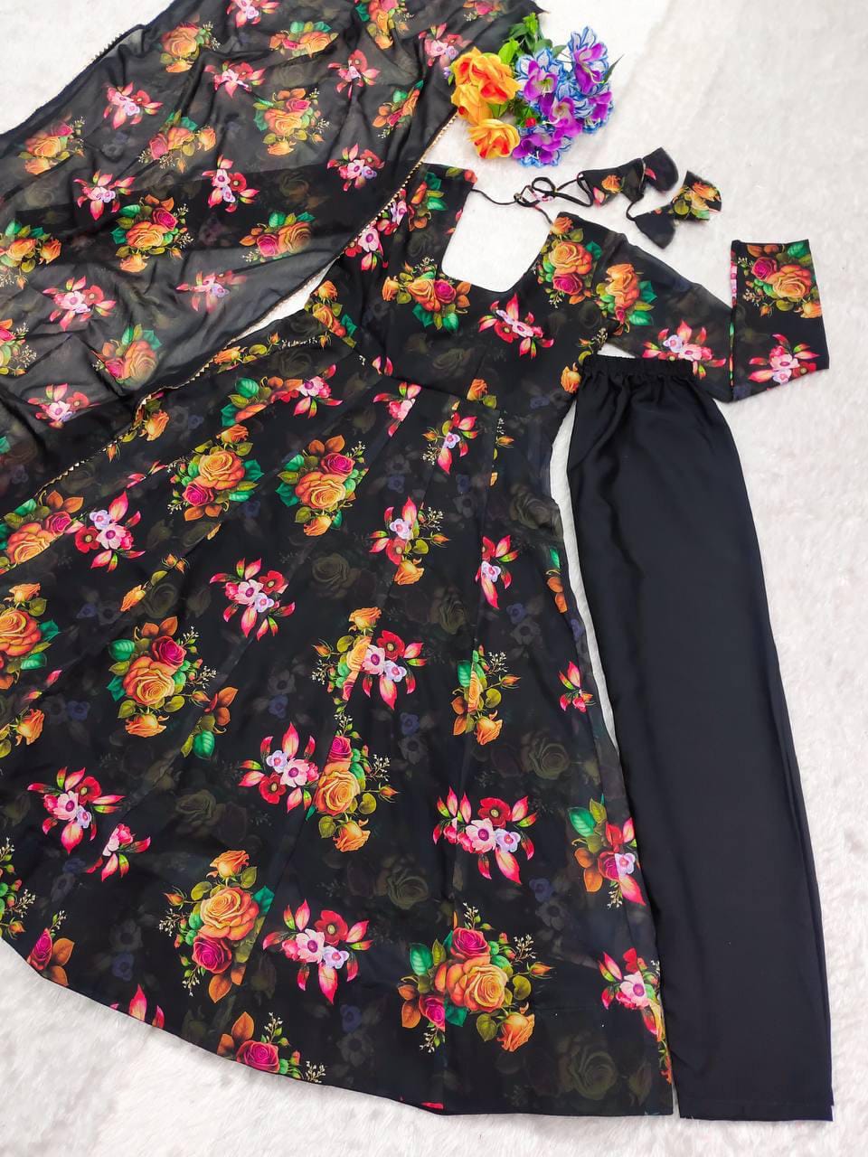 Women’s Black Floral Printed Georgette Anarkali Suit Set