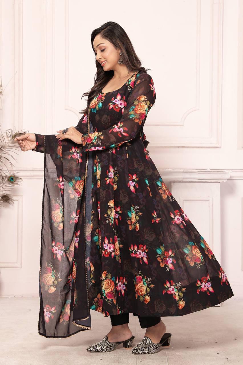 Women’s Black Floral Printed Georgette Anarkali Suit Set