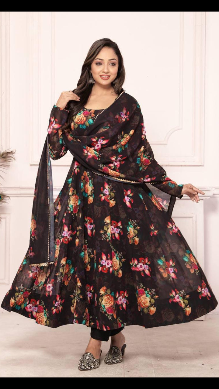 Women’s Black Floral Printed Georgette Anarkali Suit Set