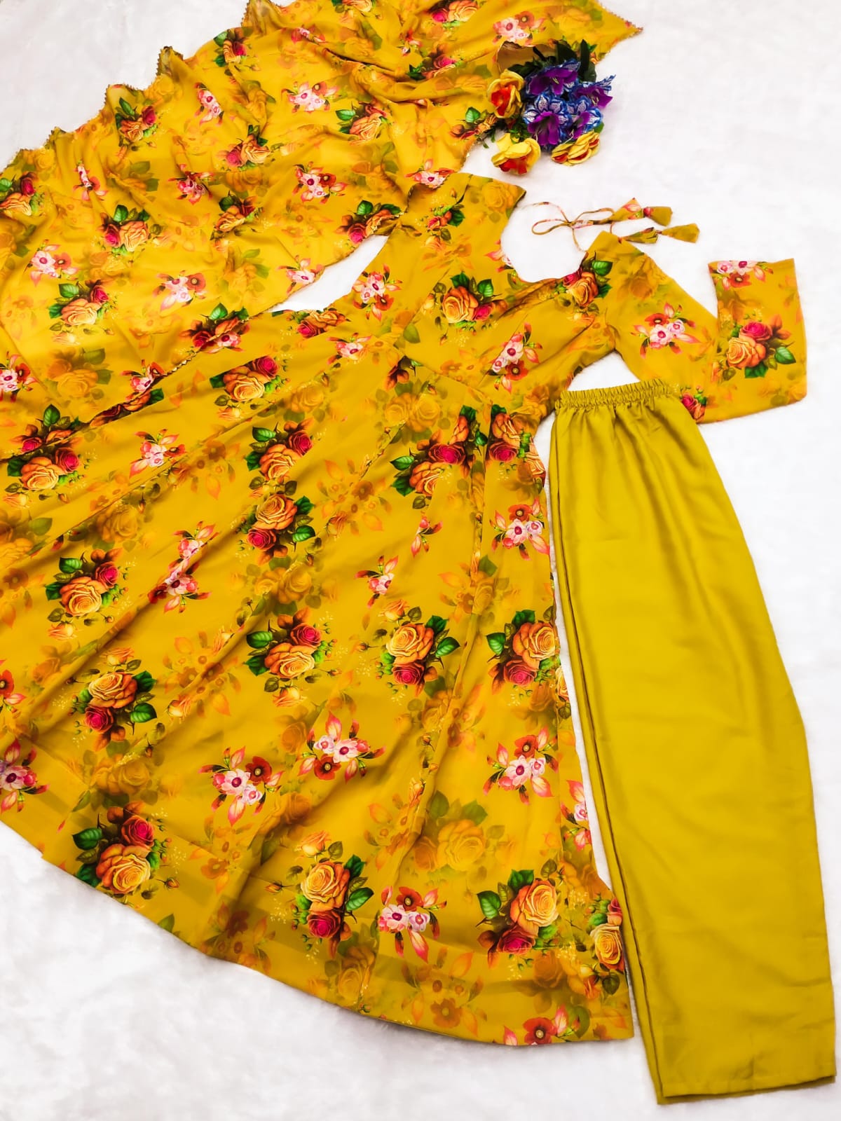 Women’s Mustard Yellow Floral Printed Georgette Anarkali Suit Set