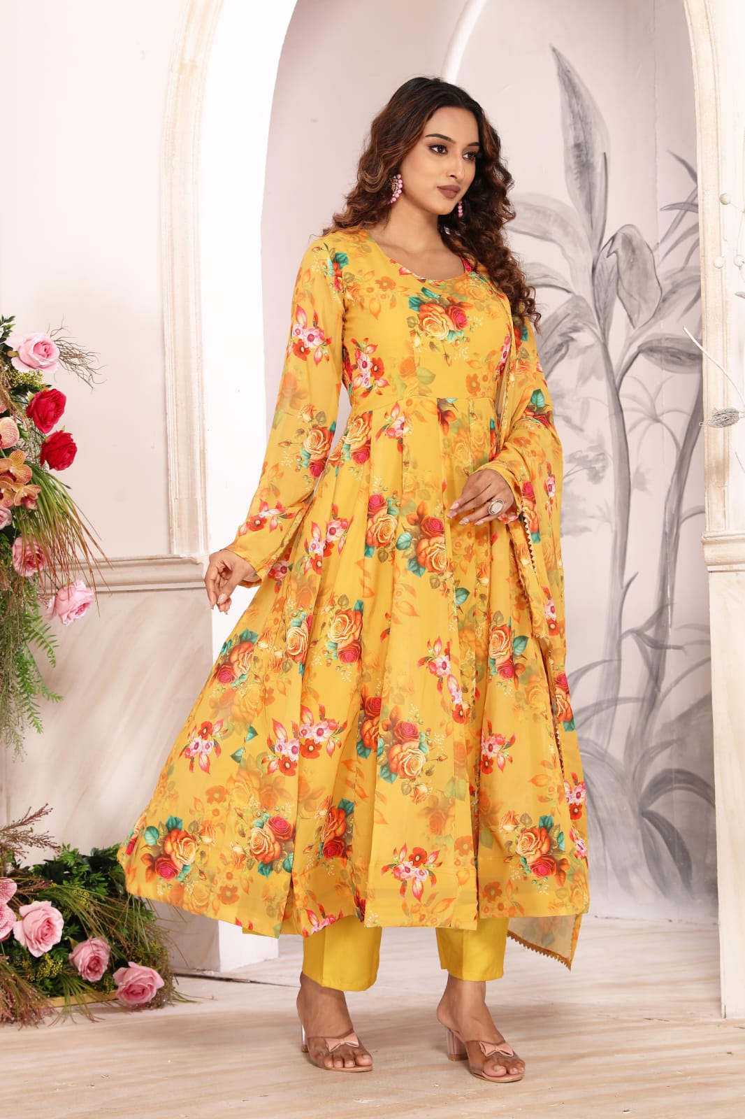 Women’s Mustard Yellow Floral Printed Georgette Anarkali Suit Set