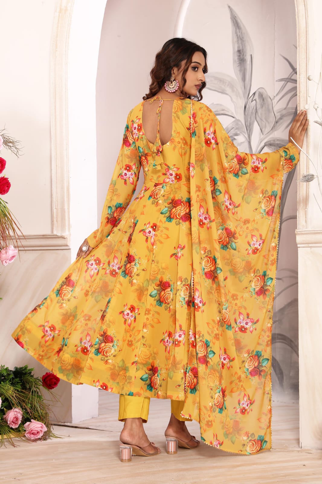 Women’s Mustard Yellow Floral Printed Georgette Anarkali Suit Set