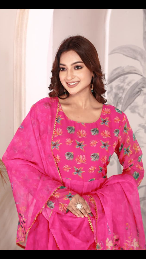 Women’s Rani Pink Floral Printed Georgette Anarkali Suit Set