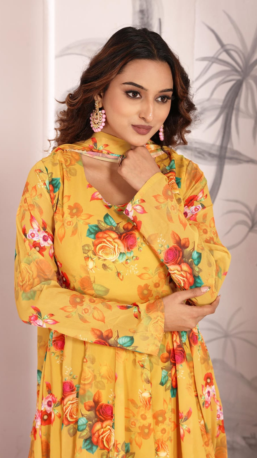 Women’s Mustard Yellow Floral Printed Georgette Anarkali Suit Set