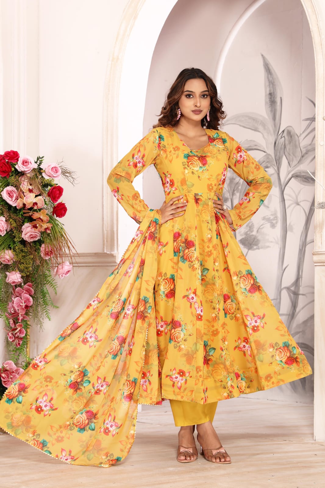 Women’s Mustard Yellow Floral Printed Georgette Anarkali Suit Set