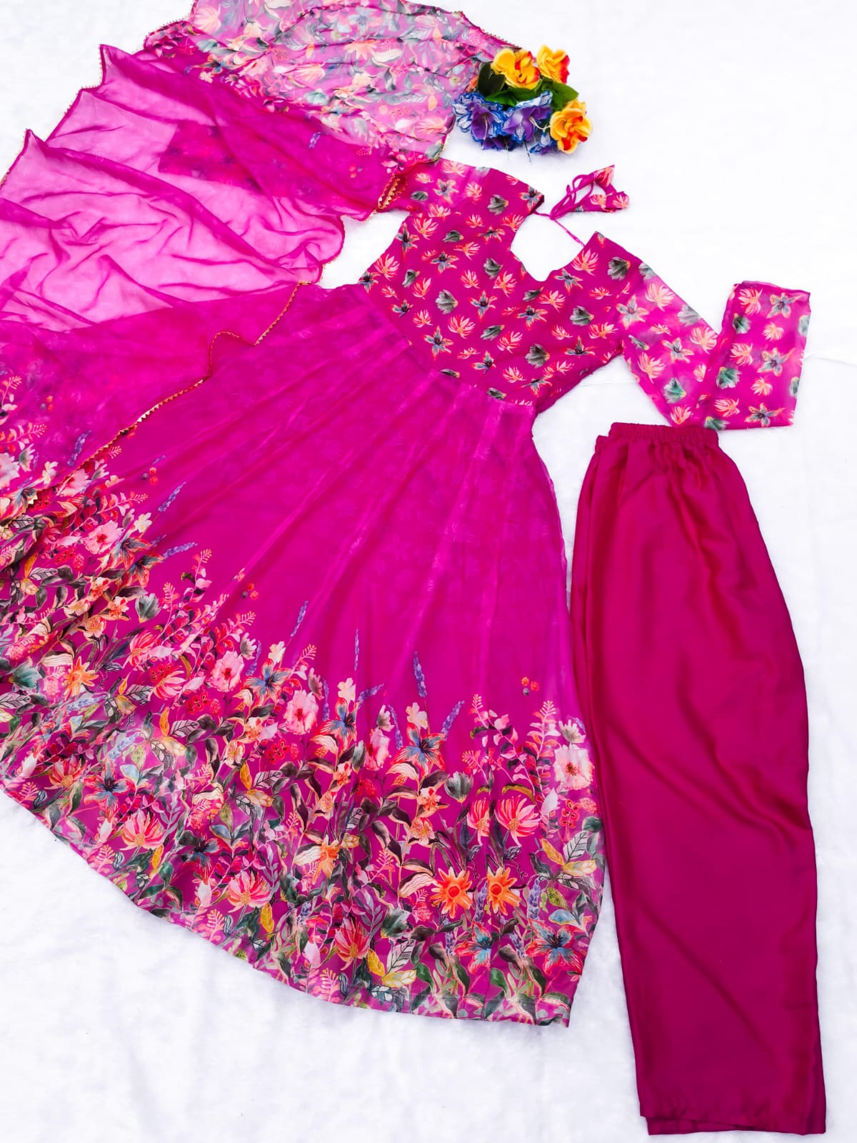 Women’s Rani Pink Floral Printed Georgette Anarkali Suit Set