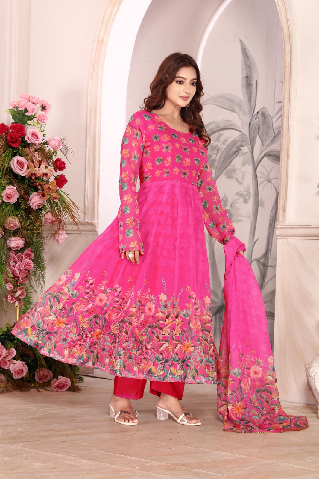 Women’s Rani Pink Floral Printed Georgette Anarkali Suit Set