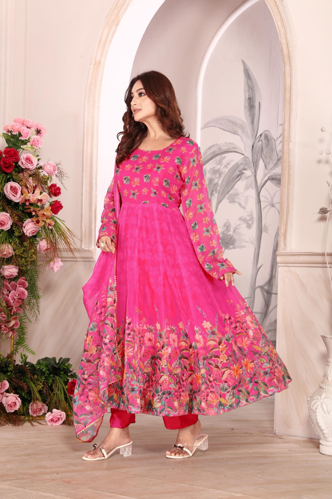 Women’s Rani Pink Floral Printed Georgette Anarkali Suit Set