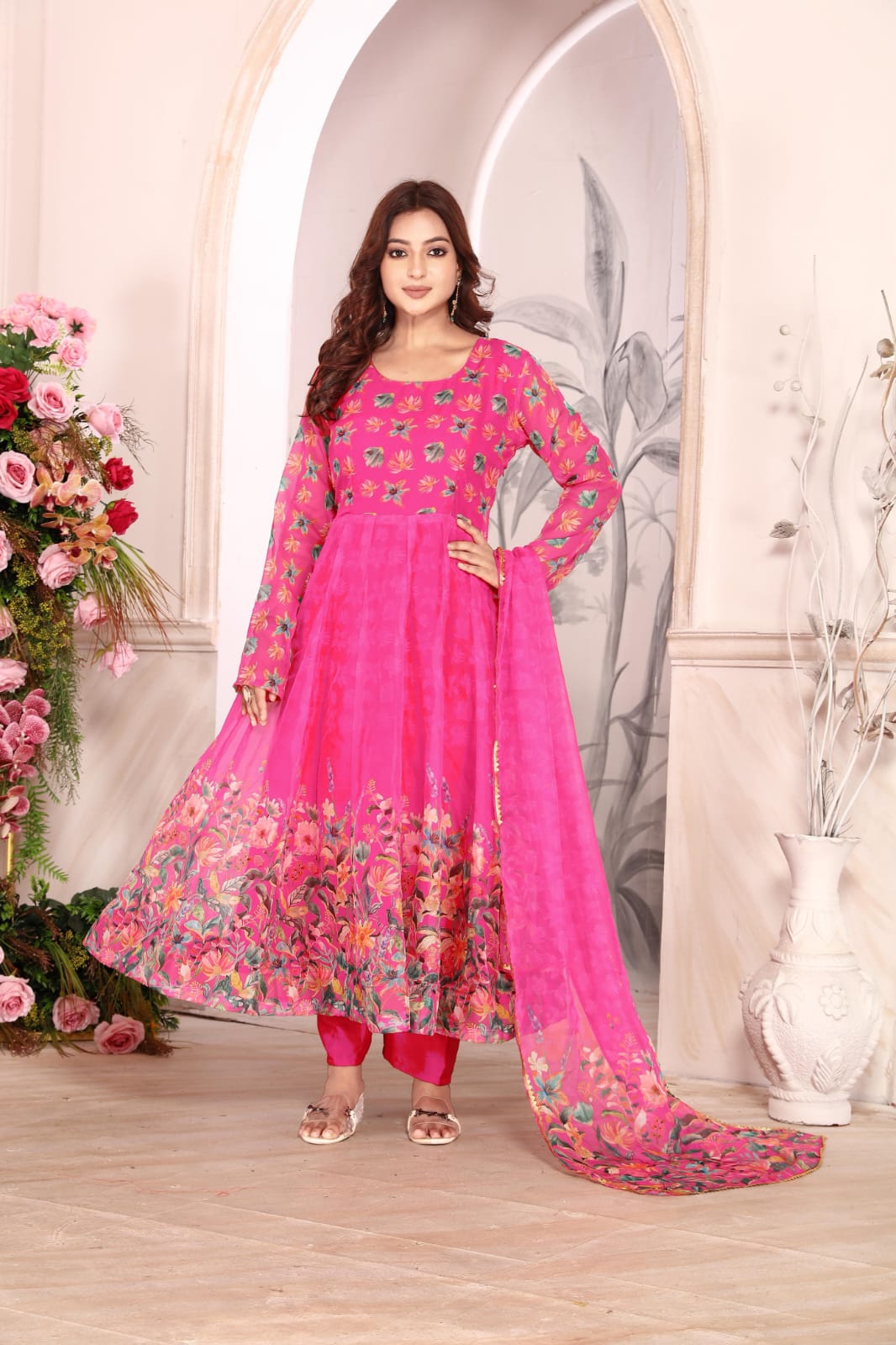 Women’s Rani Pink Floral Printed Georgette Anarkali Suit Set