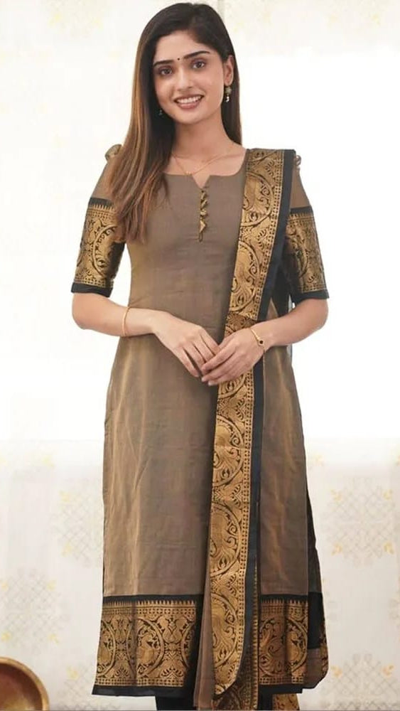 Women’s Taupe Brown Chanderi Cotton Kurta Set with Banarasi Zari Border