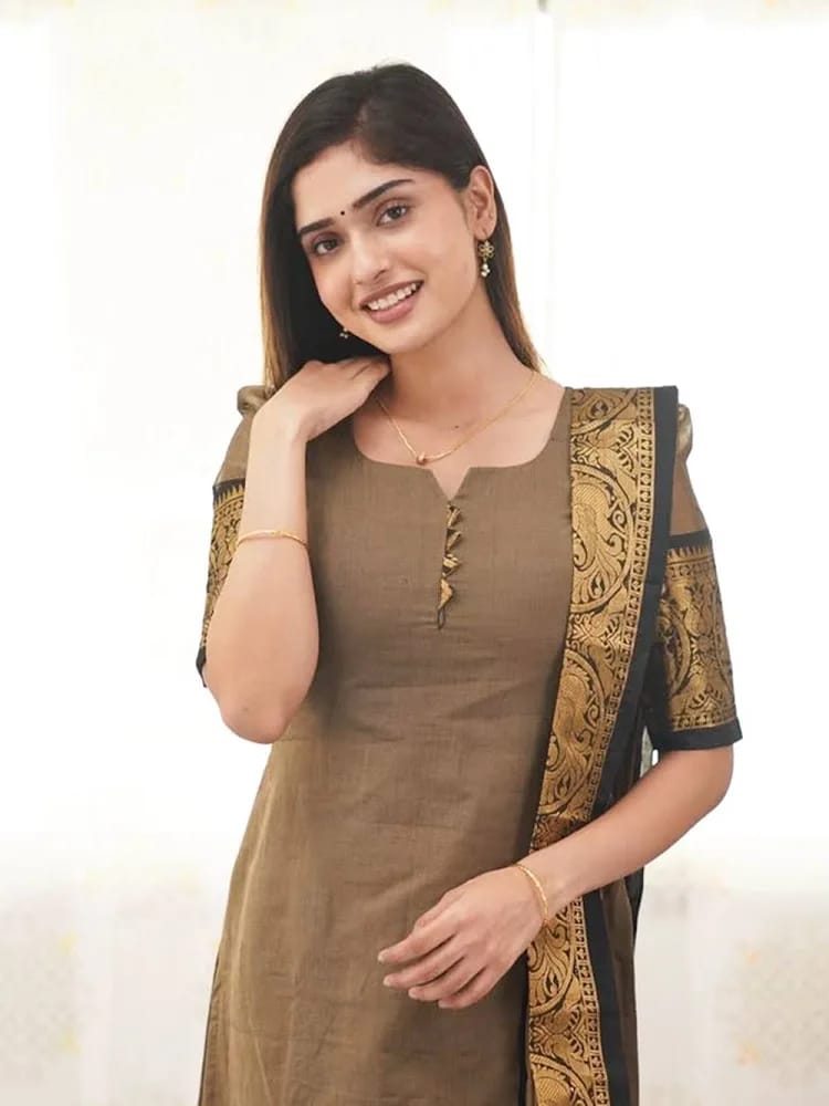 Women’s Taupe Brown Chanderi Cotton Kurta Set with Banarasi Zari Border