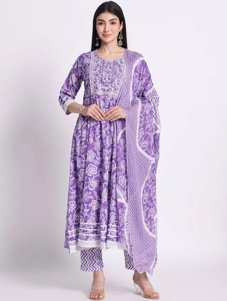 Women’s Lavender Floral Printed Pure Cotton Anarkali Suit Set