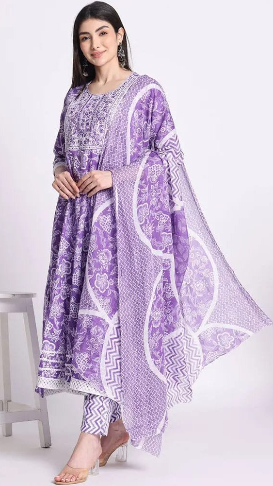 Women’s Lavender Floral Printed Pure Cotton Anarkali Suit Set