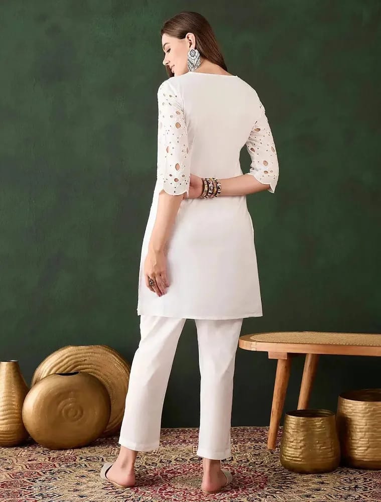 Women’s Off-White Cotton Schiffli Embroidered Kurta with Pants Set