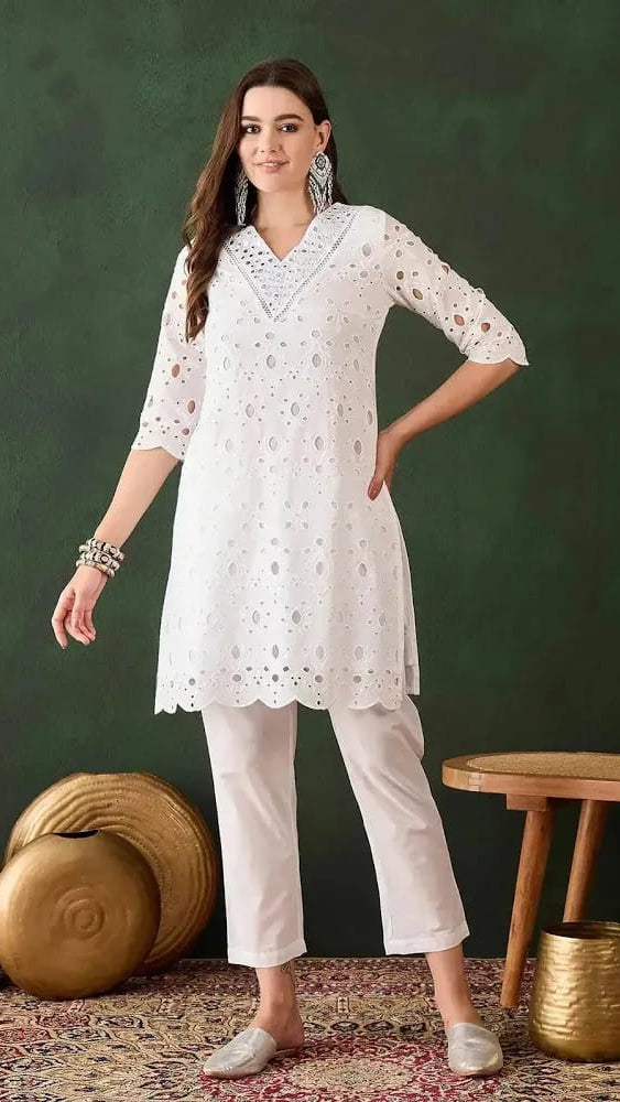 Women’s Off-White Cotton Schiffli Embroidered Kurta with Pants Set
