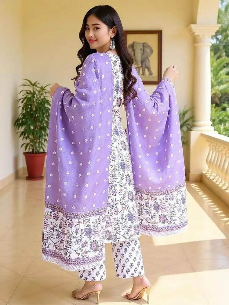 Women’s Lavender Floral Printed Pure Cotton Kurta Set with Chiffon Dupatta