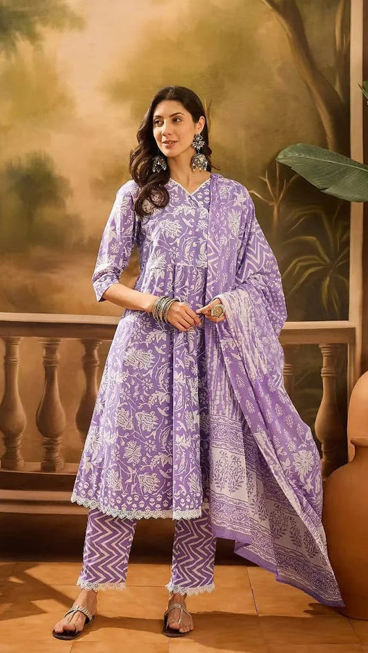 Women’s Lavender Floral Printed Pure Cotton Flared Kurta Set with Dupatta