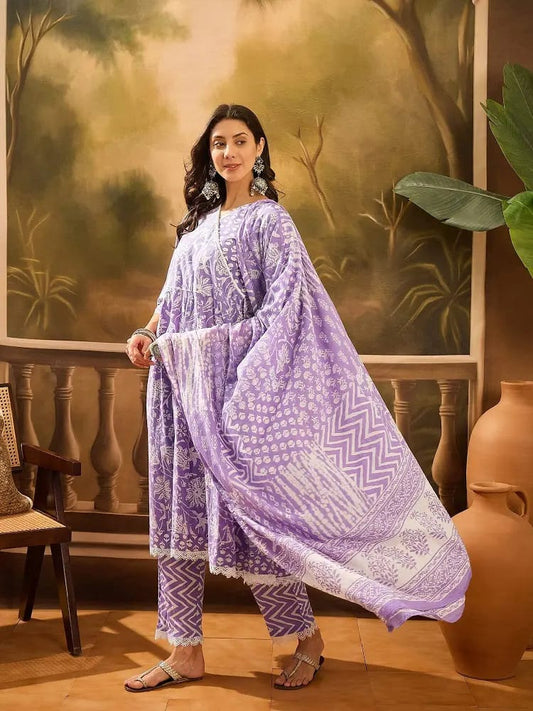 Women’s Lavender Floral Printed Pure Cotton Flared Kurta Set with Dupatta