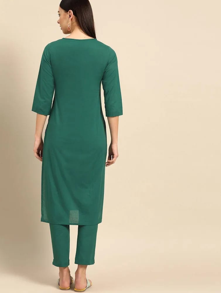 Women’s Bottle Green Embroidered Cotton Kurta with Pants Set