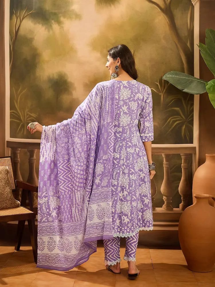Women’s Lavender Floral Printed Pure Cotton Flared Kurta Set with Dupatta
