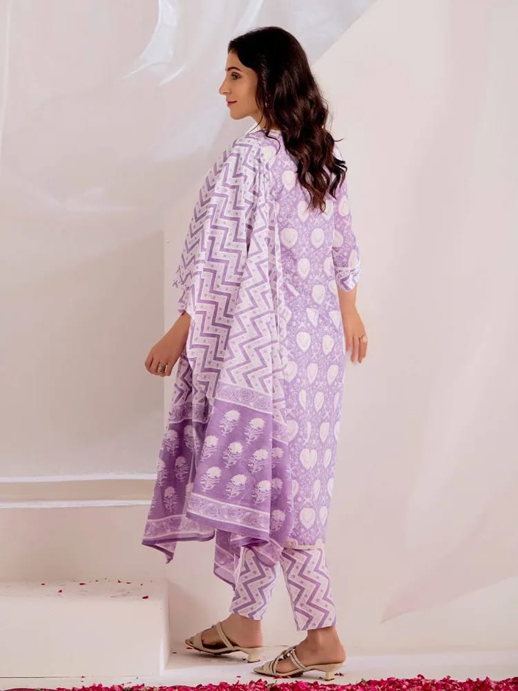 Women’s Lilac Leaf Block Printed Pure Cotton Kurta Set with Dupatta