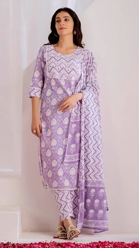 Women’s Lilac Leaf Block Printed Pure Cotton Kurta Set with Dupatta